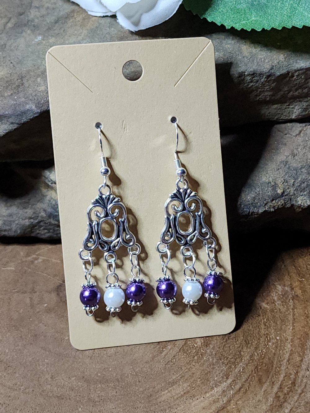 Ornate Silver Toned Chandelier Earrings with Purple and White Faux Pearl Beads
